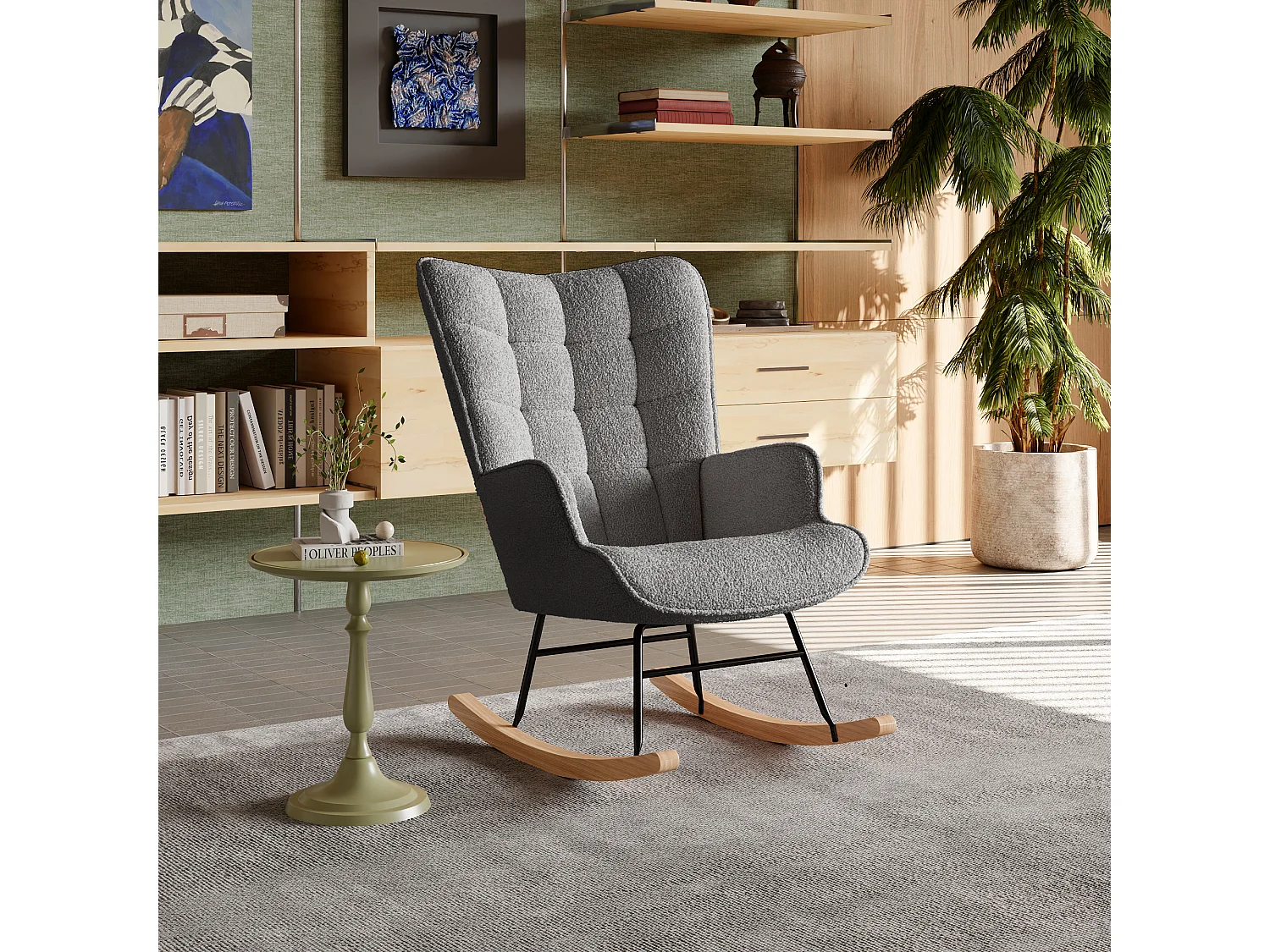 Fauteuil à bascule en peluche Teddy, fauteuil de lecture rembourré, dossier à carreaux, Gris foncé