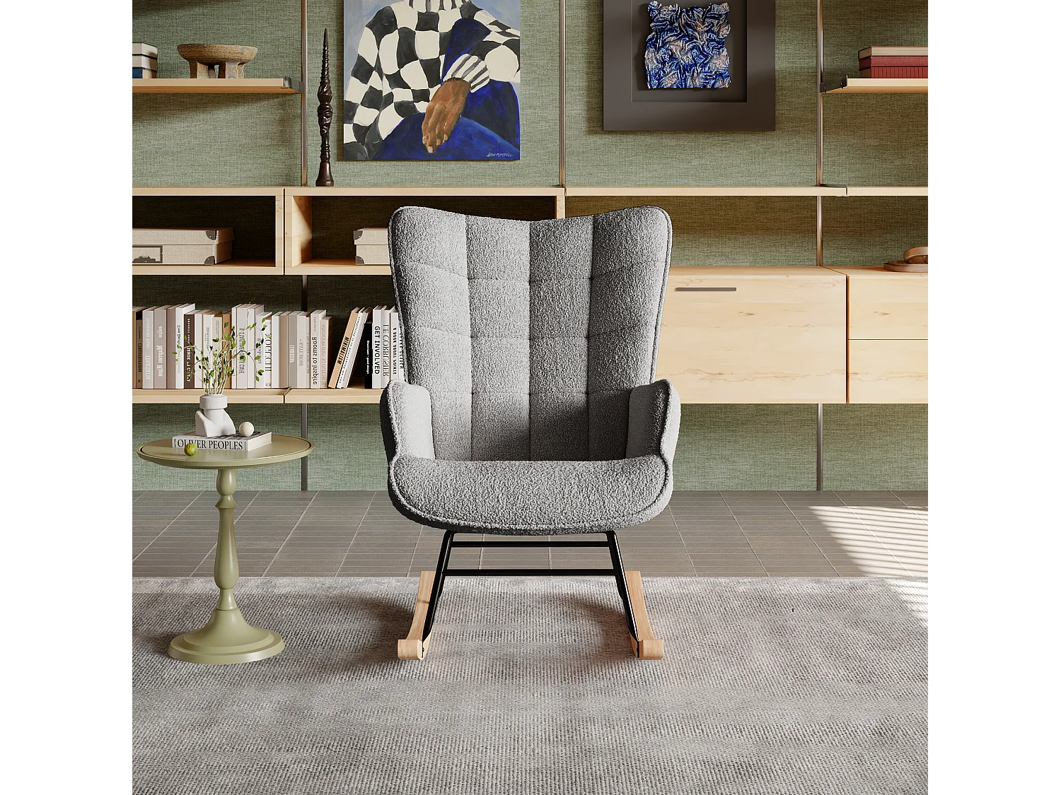 Fauteuil à bascule en peluche Teddy, fauteuil de lecture rembourré, dossier à carreaux, Gris foncé