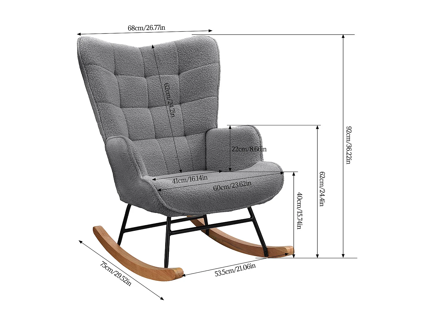 Fauteuil à bascule en peluche Teddy, fauteuil de lecture rembourré, dossier à carreaux, Gris foncé