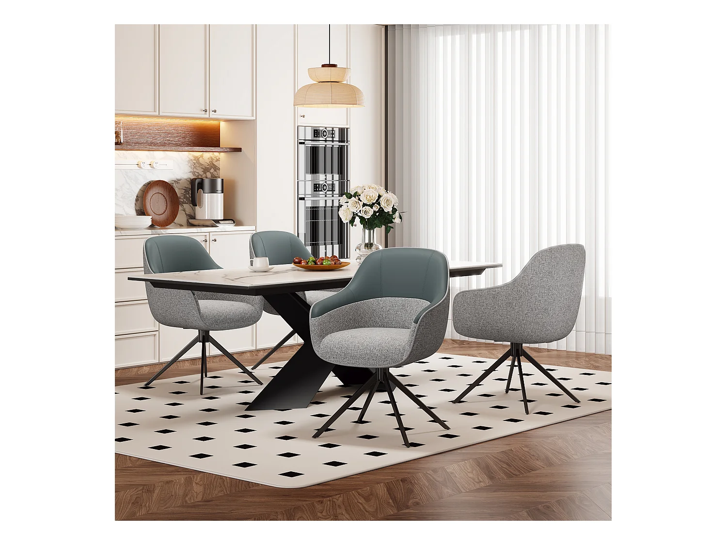 4er-Set Drehstühle – 48 x 44 x 83,5 cm – gepolstert und höhenverstellbar – Kunstleder + Samt + Metall – Grau