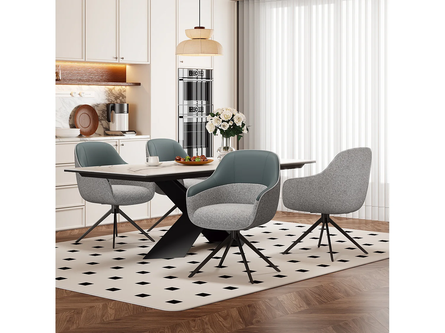 Lot de 4 chaises pivotantes - 48 x 44 x 83.5 cm - rembourrées et réglables en hauteur - cuir PU + velours + métal - gris