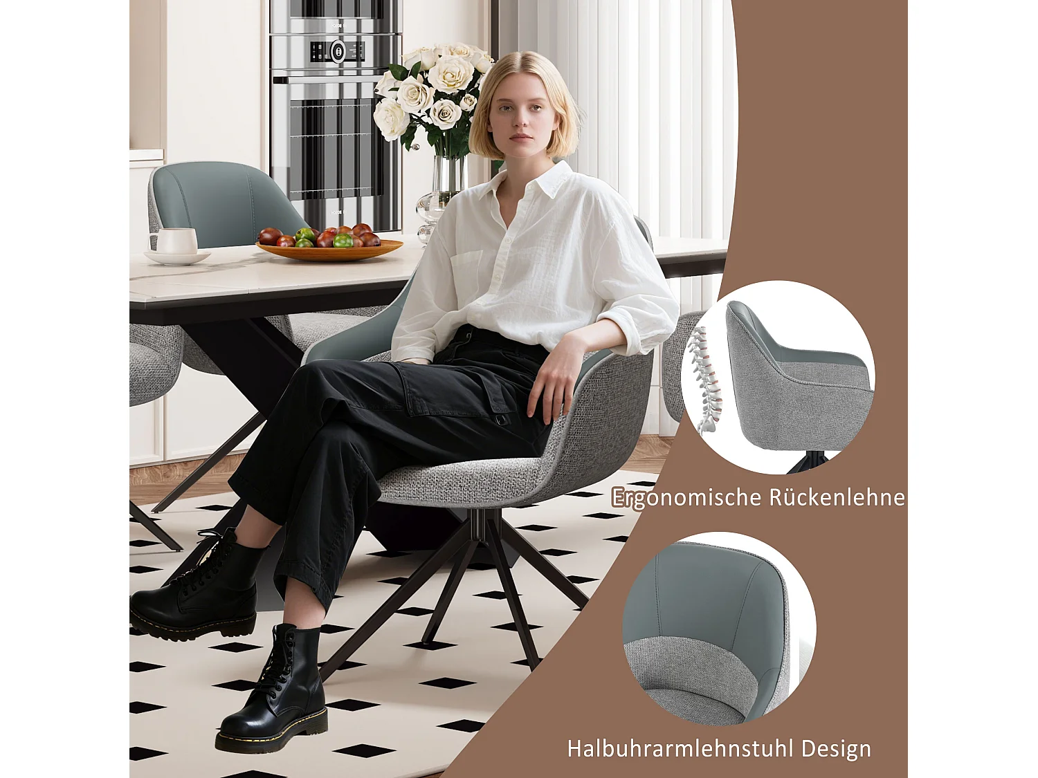 Lot de 4 chaises pivotantes - 48 x 44 x 83.5 cm - rembourrées et réglables en hauteur - cuir PU + velours + métal - gris