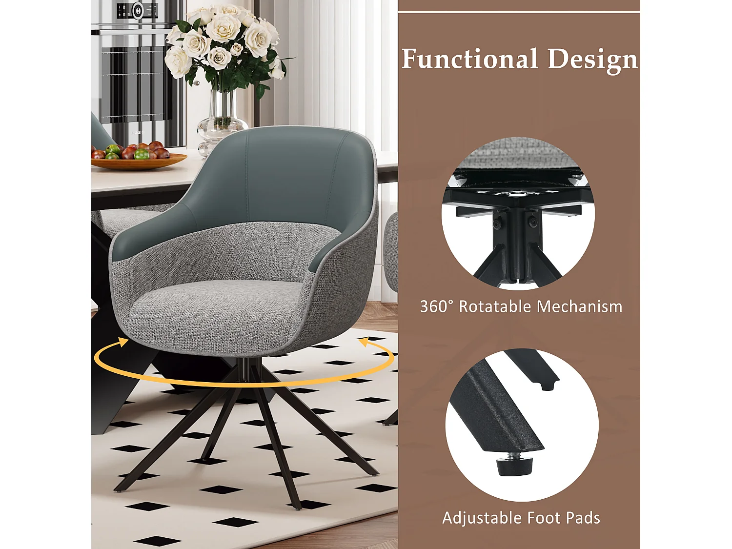 Lot de 4 chaises pivotantes - 48 x 44 x 83.5 cm - rembourrées et réglables en hauteur - cuir PU + velours + métal - gris