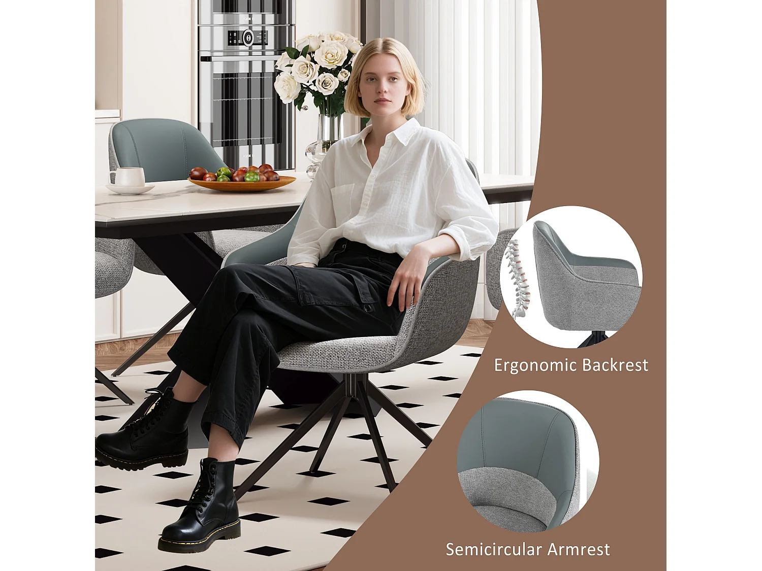 Lot de 4 chaises pivotantes - 48 x 44 x 83.5 cm - rembourrées et réglables en hauteur - cuir PU + velours + métal - gris