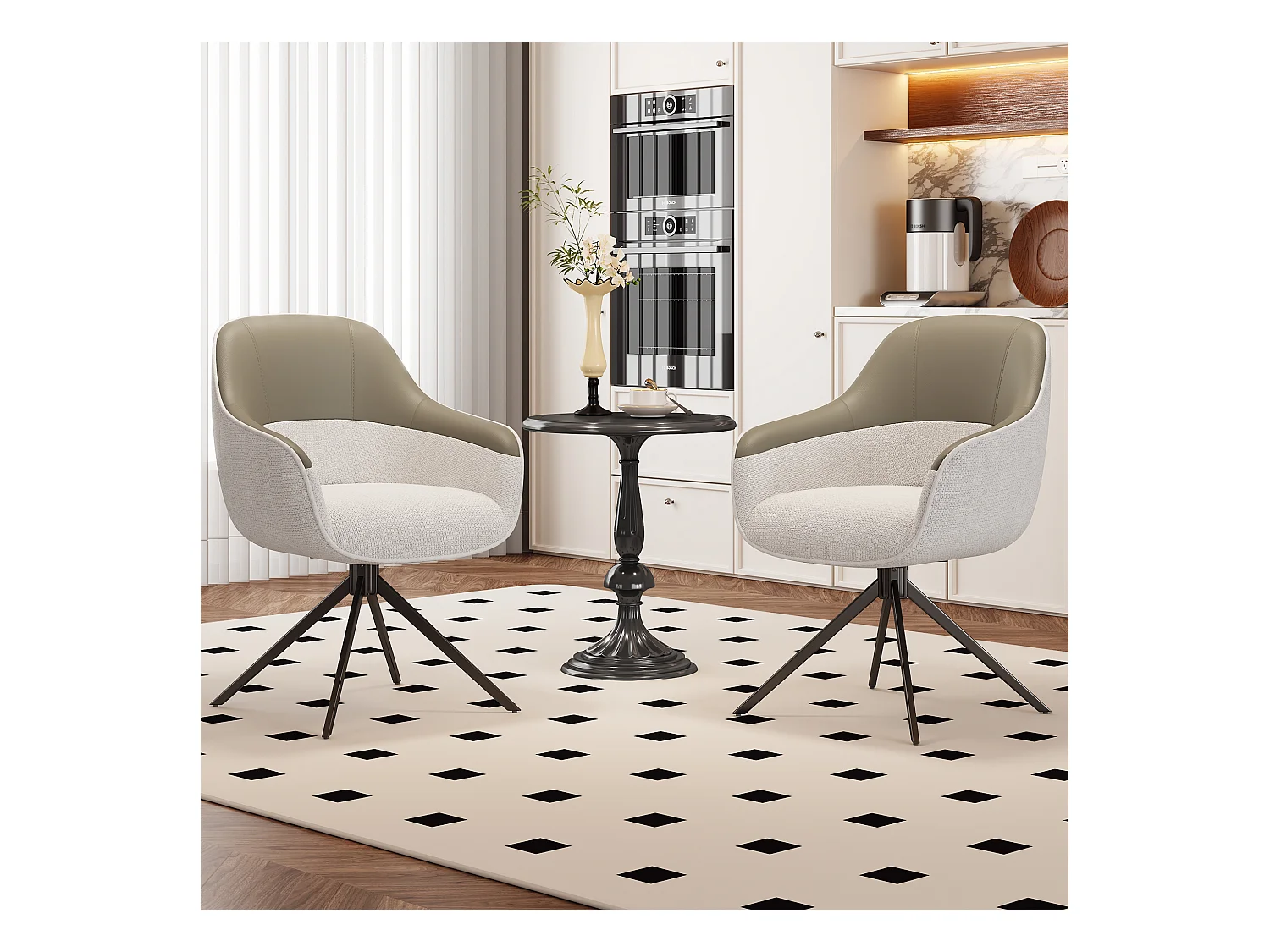 2er-Set Drehstühle – 48 x 44 x 83,5 cm – gepolstert und höhenverstellbar – Kunstleder + Samt + Metall – Beige