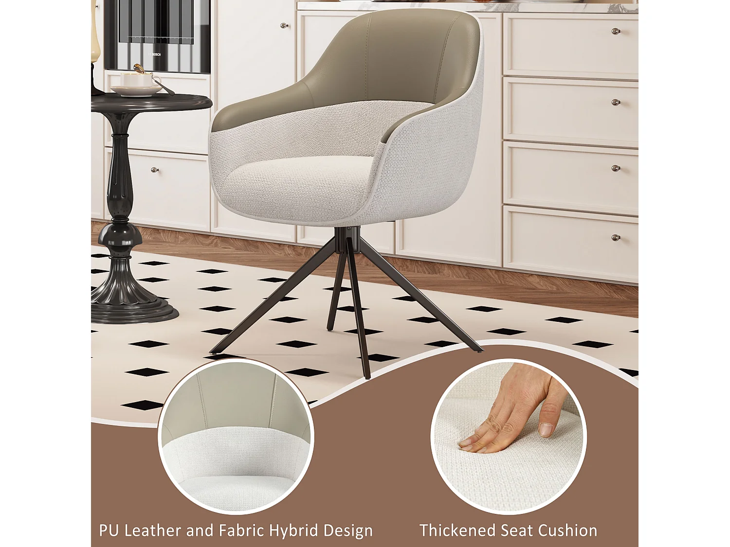 Lot de 2 chaises pivotantes - 48 x 44 x 83.5 cm - rembourrées et réglables en hauteur - cuir PU + velours + métal - beige