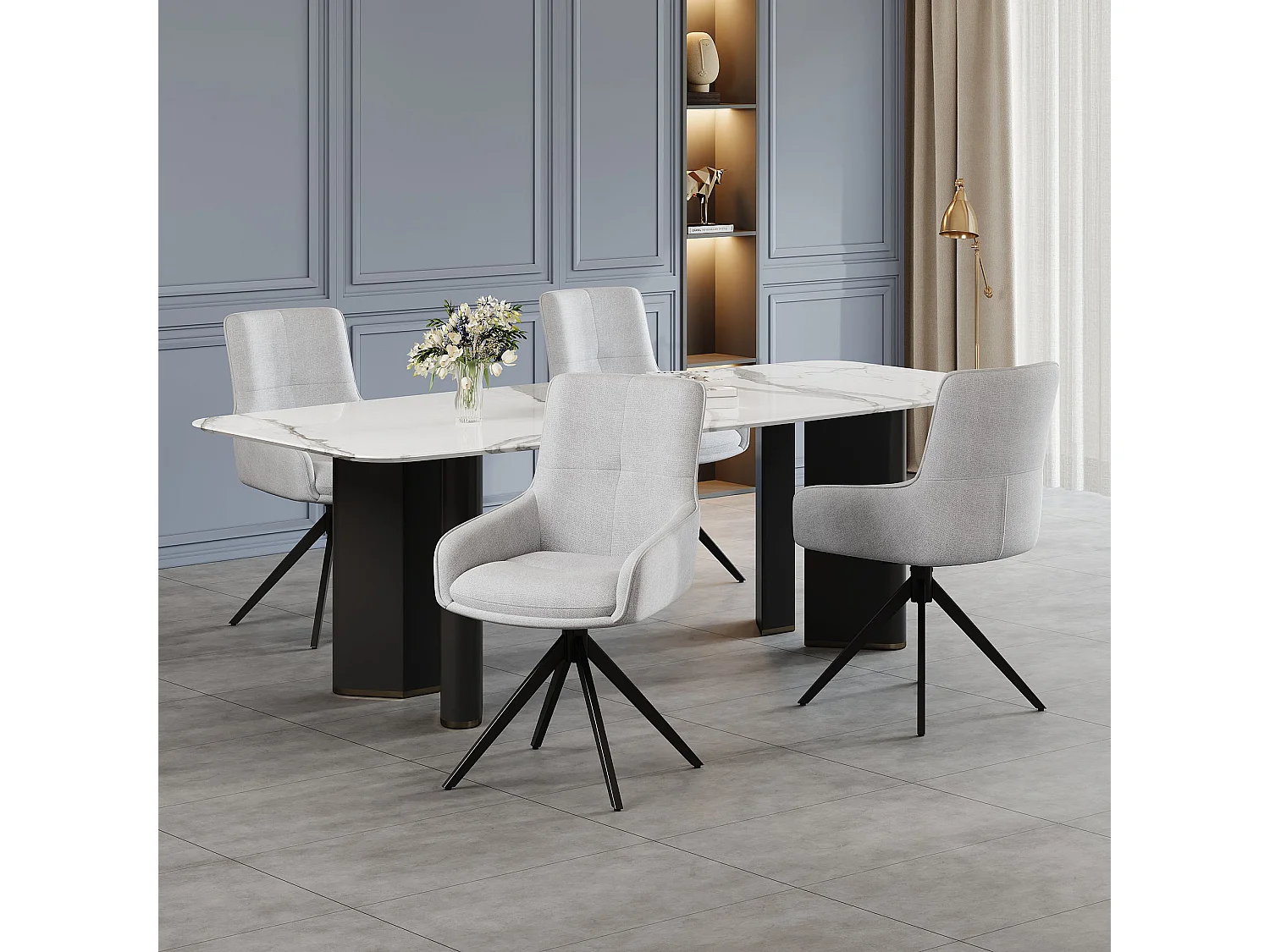 Lot de 4 chaises pivotantes - 48 x 45 x 87.5 cm - avec coussins d'assise + repose-pieds réglables - lin + métal - gris