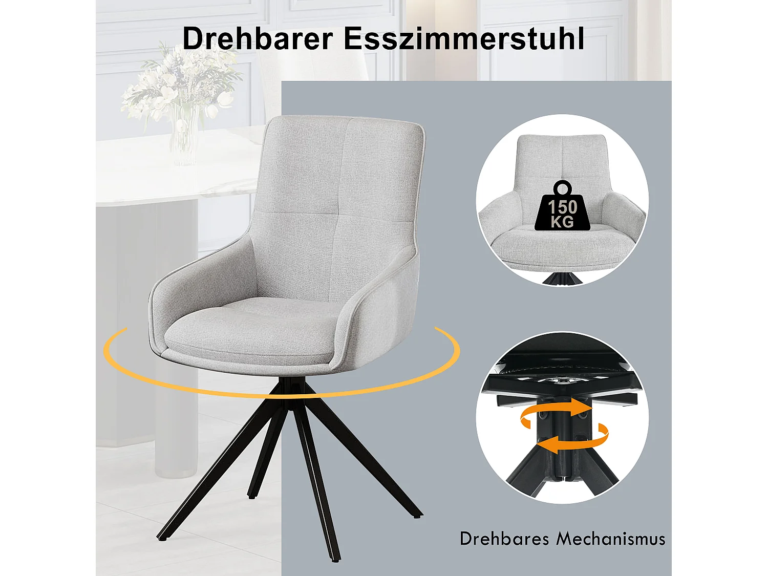 Lot de 4 chaises pivotantes - 48 x 45 x 87.5 cm - avec coussins d'assise + repose-pieds réglables - lin + métal - gris