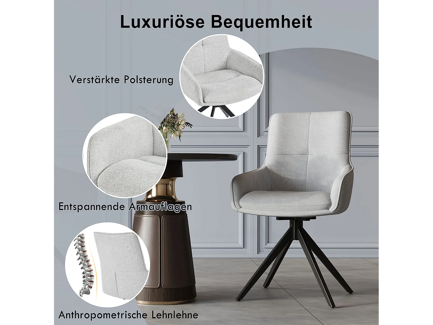 Lot de 4 chaises pivotantes - 48 x 45 x 87.5 cm - avec coussins d'assise + repose-pieds réglables - lin + métal - gris