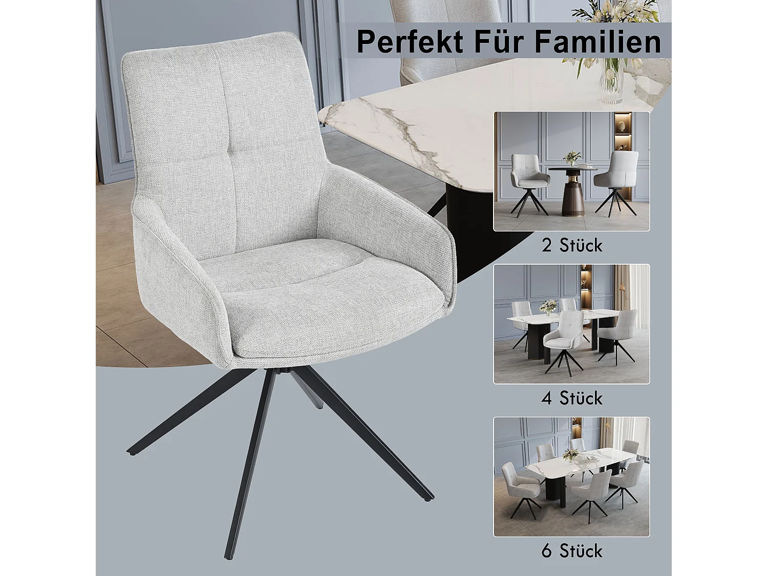 Lot de 4 chaises pivotantes - 48 x 45 x 87.5 cm - avec coussins d'assise + repose-pieds réglables - lin + métal - gris
