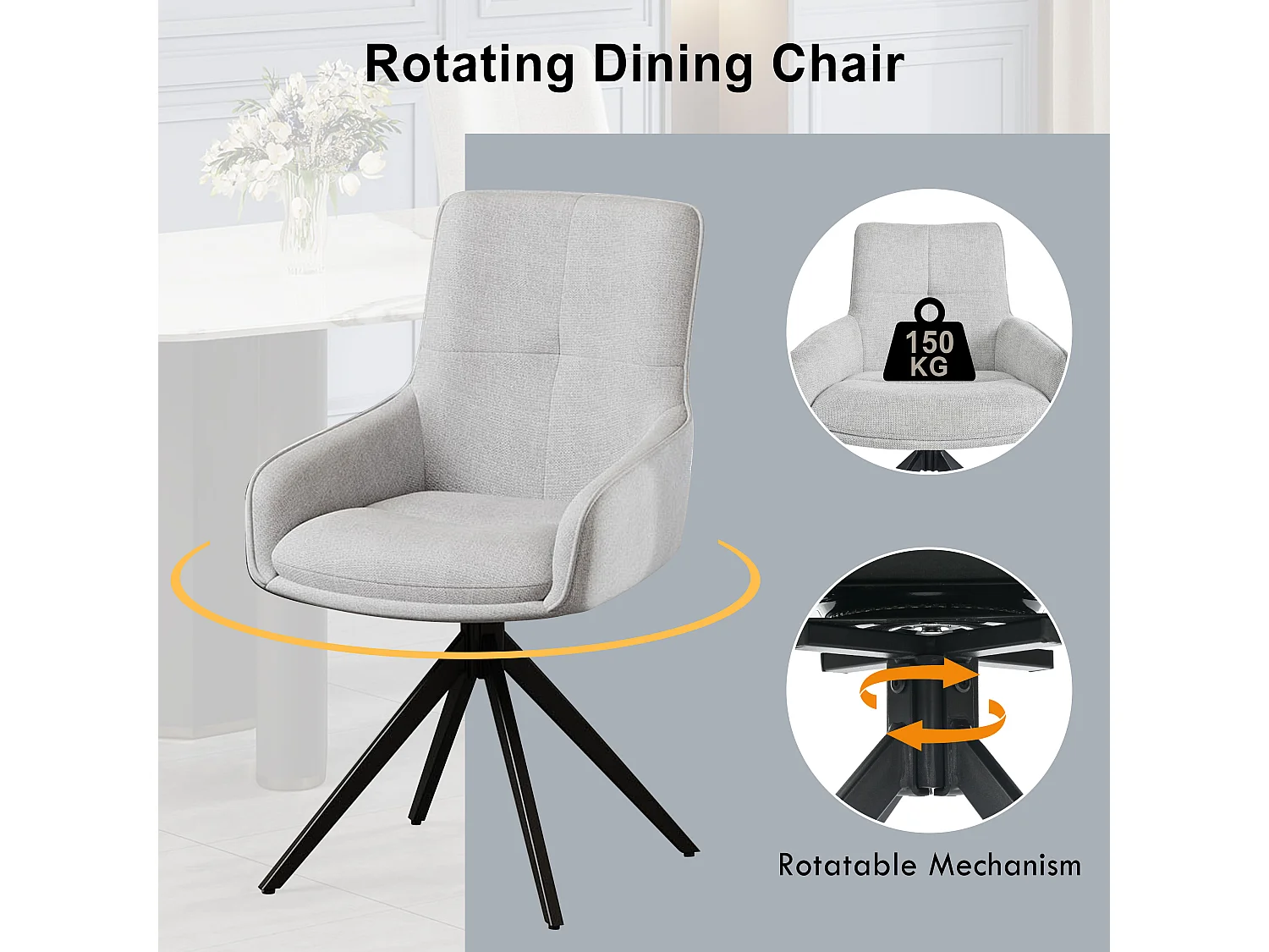 Lot de 4 chaises pivotantes - 48 x 45 x 87.5 cm - avec coussins d'assise + repose-pieds réglables - lin + métal - gris