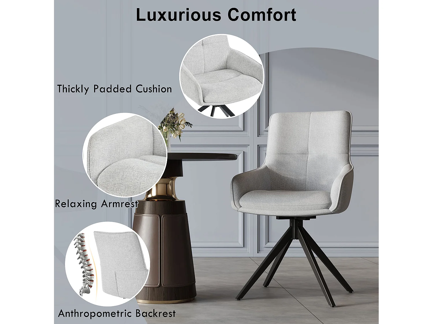 Lot de 4 chaises pivotantes - 48 x 45 x 87.5 cm - avec coussins d'assise + repose-pieds réglables - lin + métal - gris
