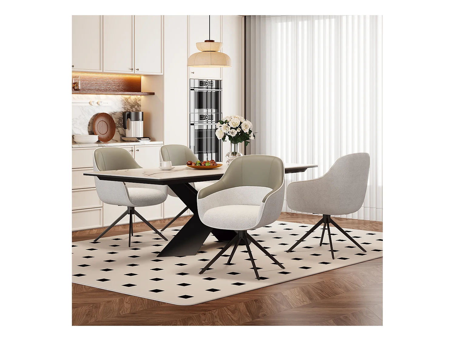 4er-Set Drehstühle – 48 x 44 x 83,5 cm – gepolstert und höhenverstellbar – Kunstleder + Samt + Metall – Beige
