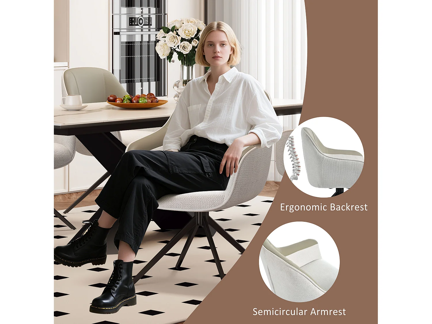 Lot de 4 chaises pivotantes - 48 x 44 x 83.5 cm - rembourrées et réglables en hauteur - cuir PU + velours + métal - beige