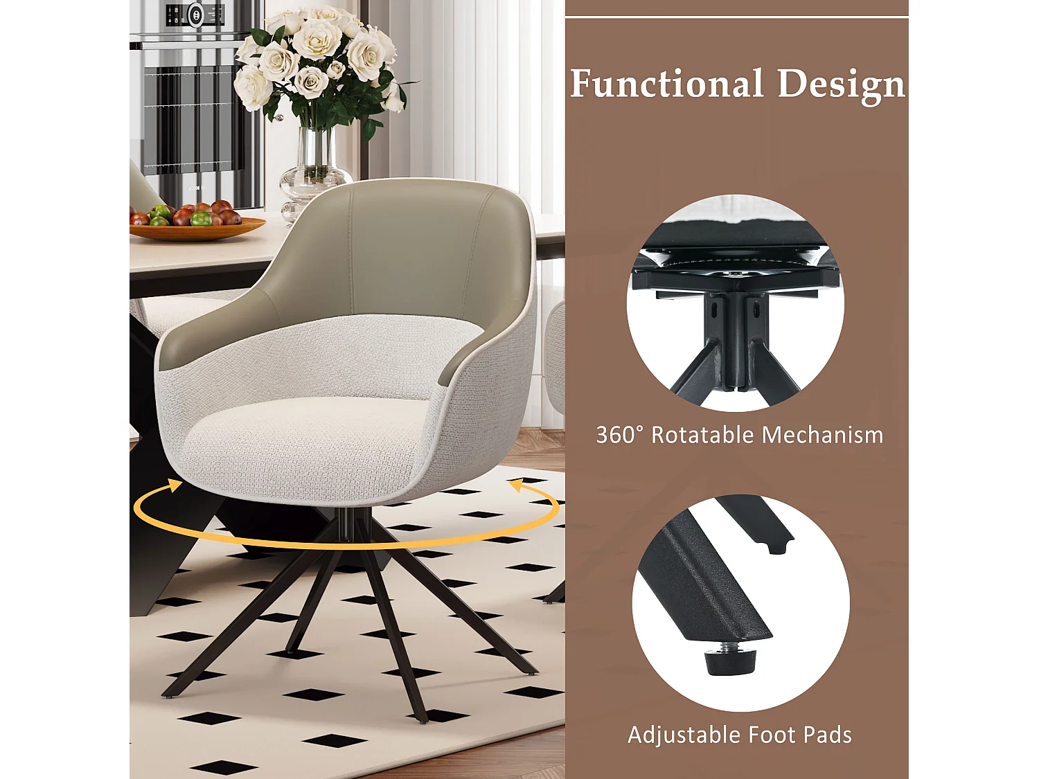 Lot de 4 chaises pivotantes - 48 x 44 x 83.5 cm - rembourrées et réglables en hauteur - cuir PU + velours + métal - beige