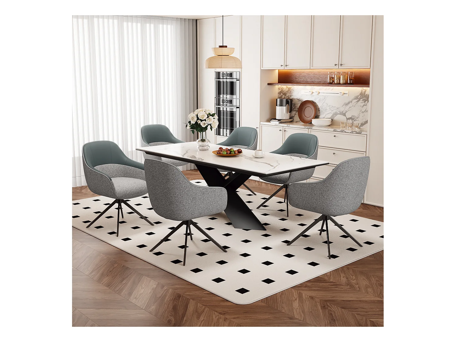 Drehstühle (6er-Set) – 48 x 44 x 83,5 cm – gepolstert und höhenverstellbar – Kunstleder + Samt + Metall – Grau