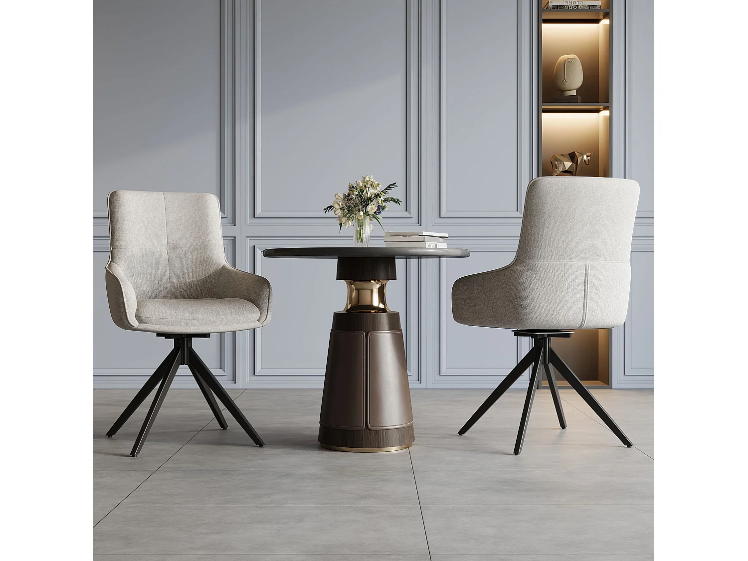 Lot de 2 chaises pivotantes - 48 x 45 x 87.5 cm - avec coussins d'assise + repose-pieds réglables - lin + métal - beige