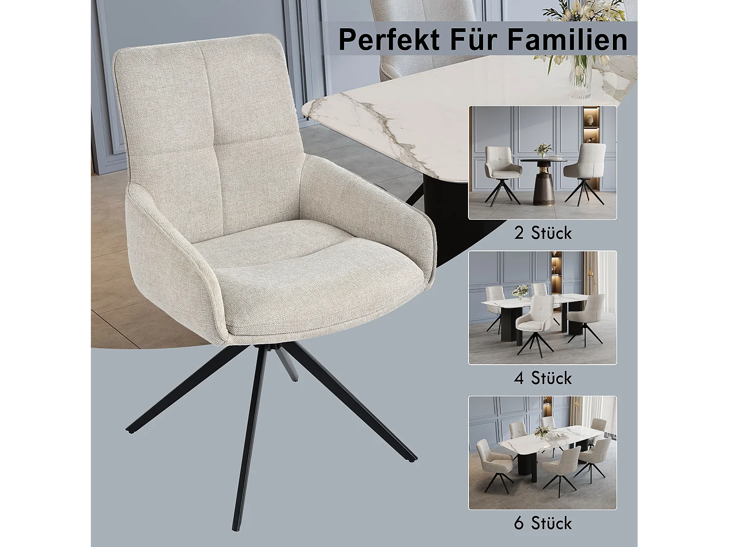 Lot de 2 chaises pivotantes - 48 x 45 x 87.5 cm - avec coussins d'assise + repose-pieds réglables - lin + métal - beige