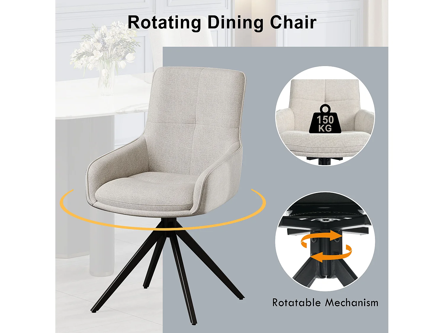 Lot de 2 chaises pivotantes - 48 x 45 x 87.5 cm - avec coussins d'assise + repose-pieds réglables - lin + métal - beige