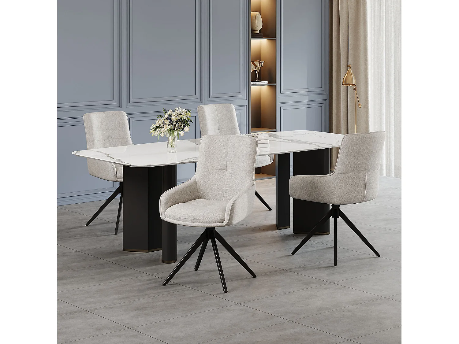 Juego de 4 sillas giratorias - 48 x 45 x 87,5 cm - con cojines de asiento y reposapiés ajustables - lino + metal - Beige