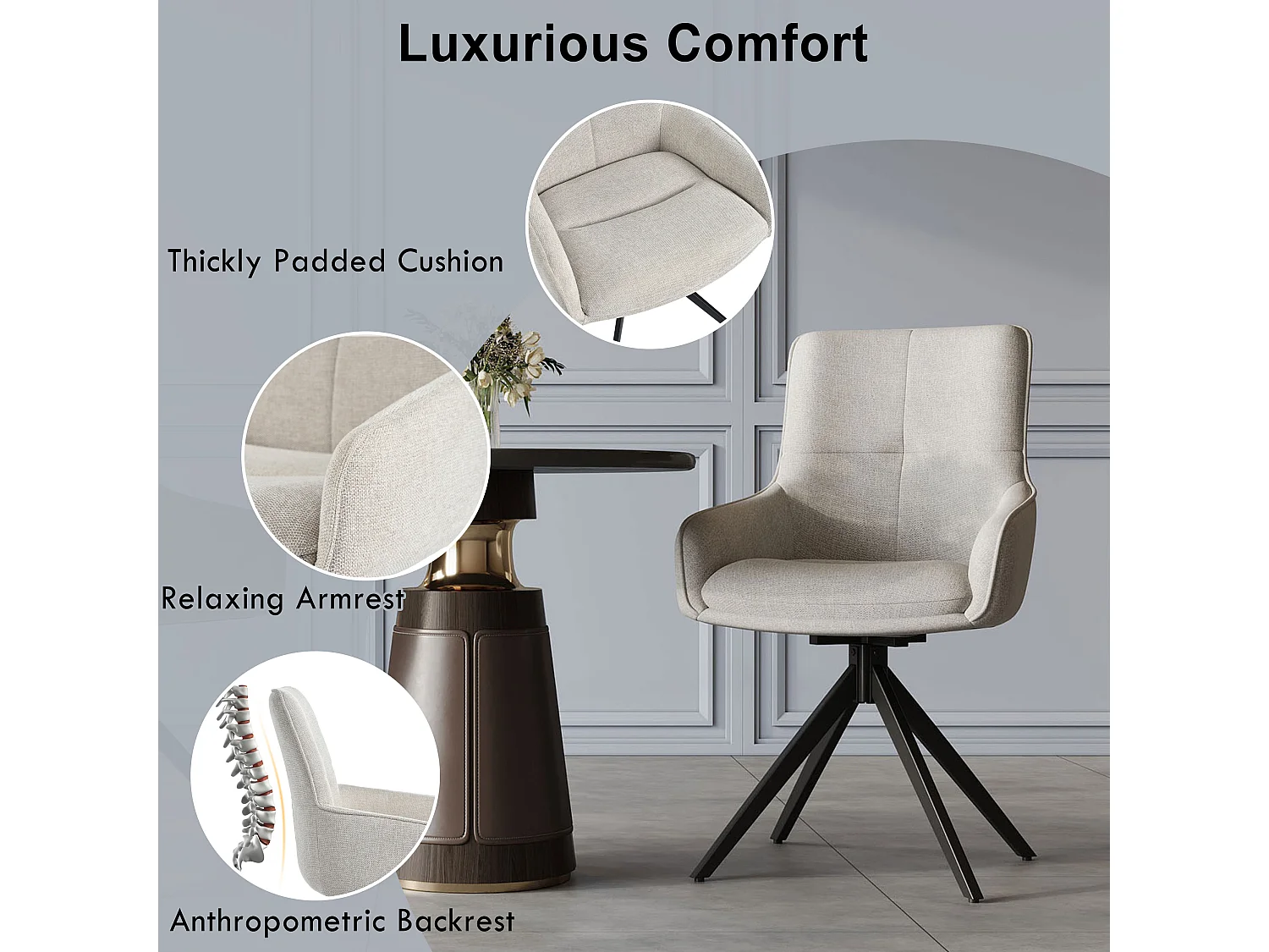 Juego de 4 sillas giratorias - 48 x 45 x 87,5 cm - con cojines de asiento y reposapiés ajustables - lino + metal - Beige
