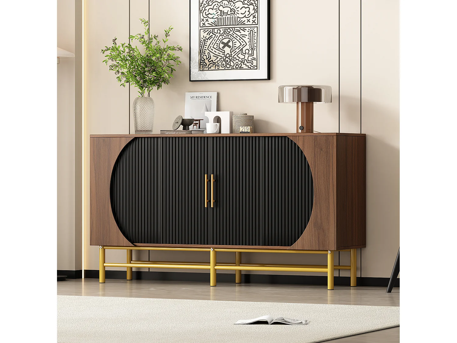 Aparador moderno - 145 x 40 x 81,5 cm - com 4 portas + prateleiras ajustáveis ​​com listras verticais - MDF - natural escuro