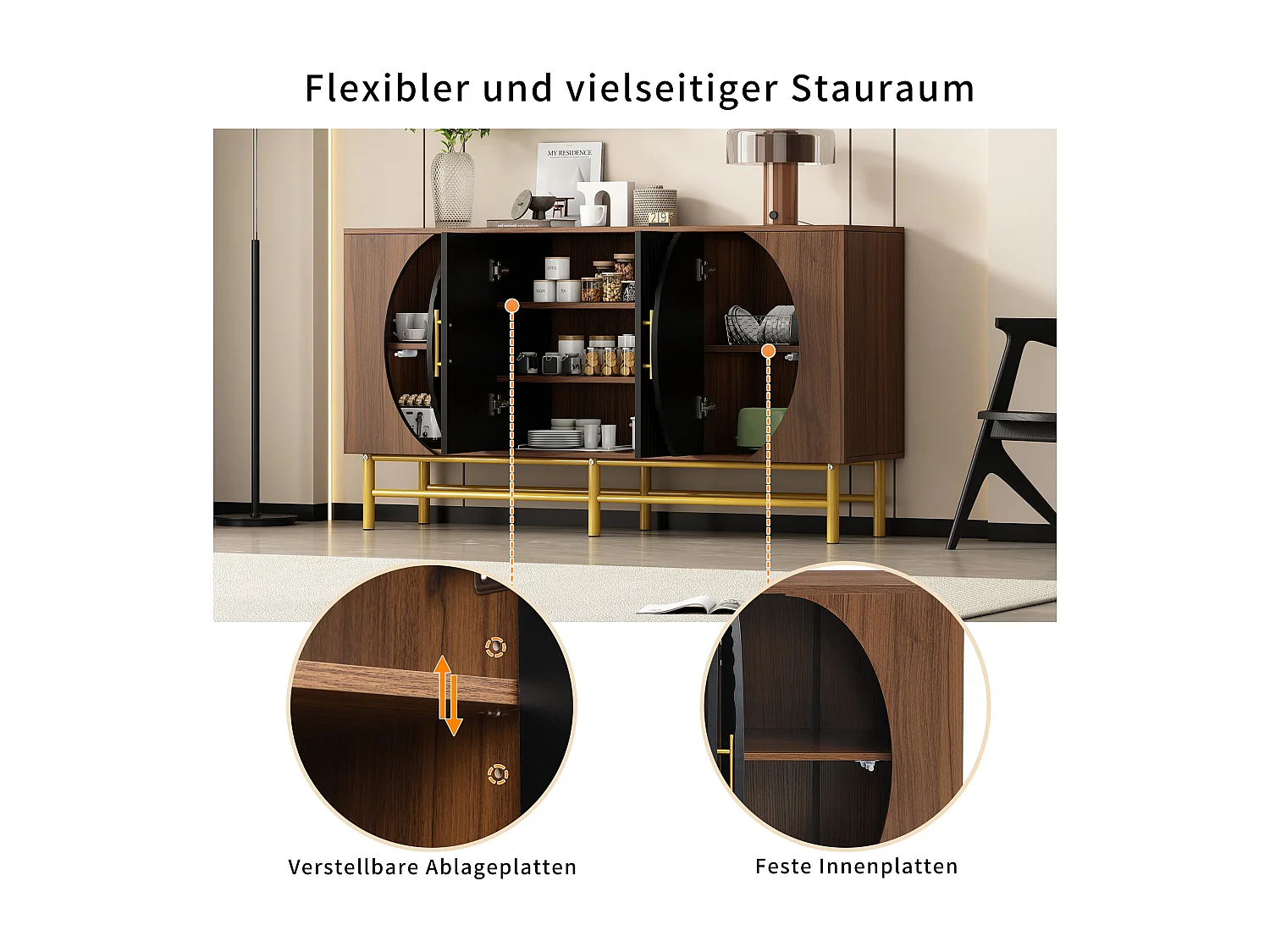 Aparador moderno - 145 x 40 x 81,5 cm - com 4 portas + prateleiras ajustáveis ​​com listras verticais - MDF - natural escuro