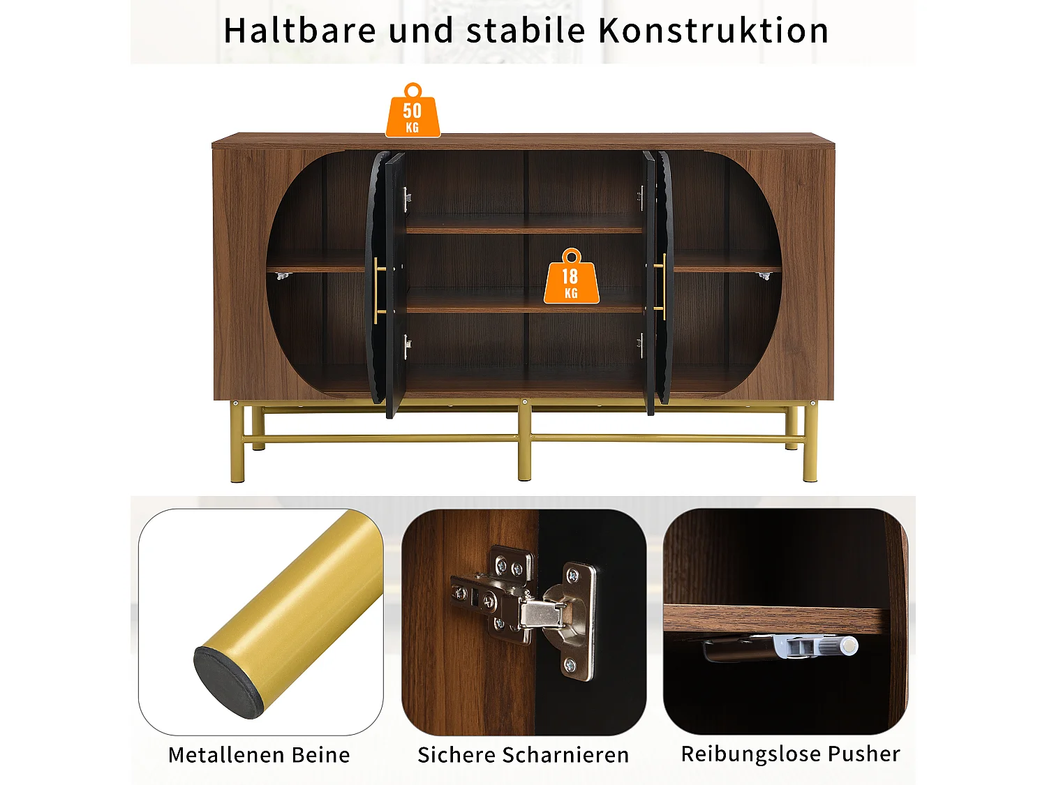 Aparador moderno - 145 x 40 x 81,5 cm - com 4 portas + prateleiras ajustáveis ​​com listras verticais - MDF - natural escuro