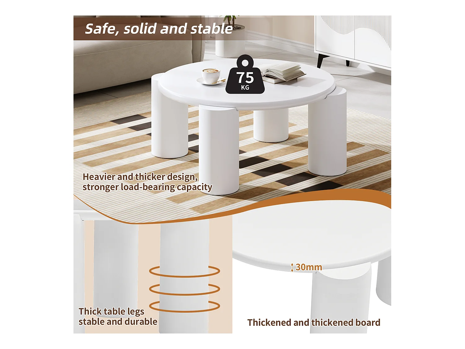 Table basse nuage - 70 x 70 x 39.5 cm - avec 4 pieds robustes - MDF - blanc