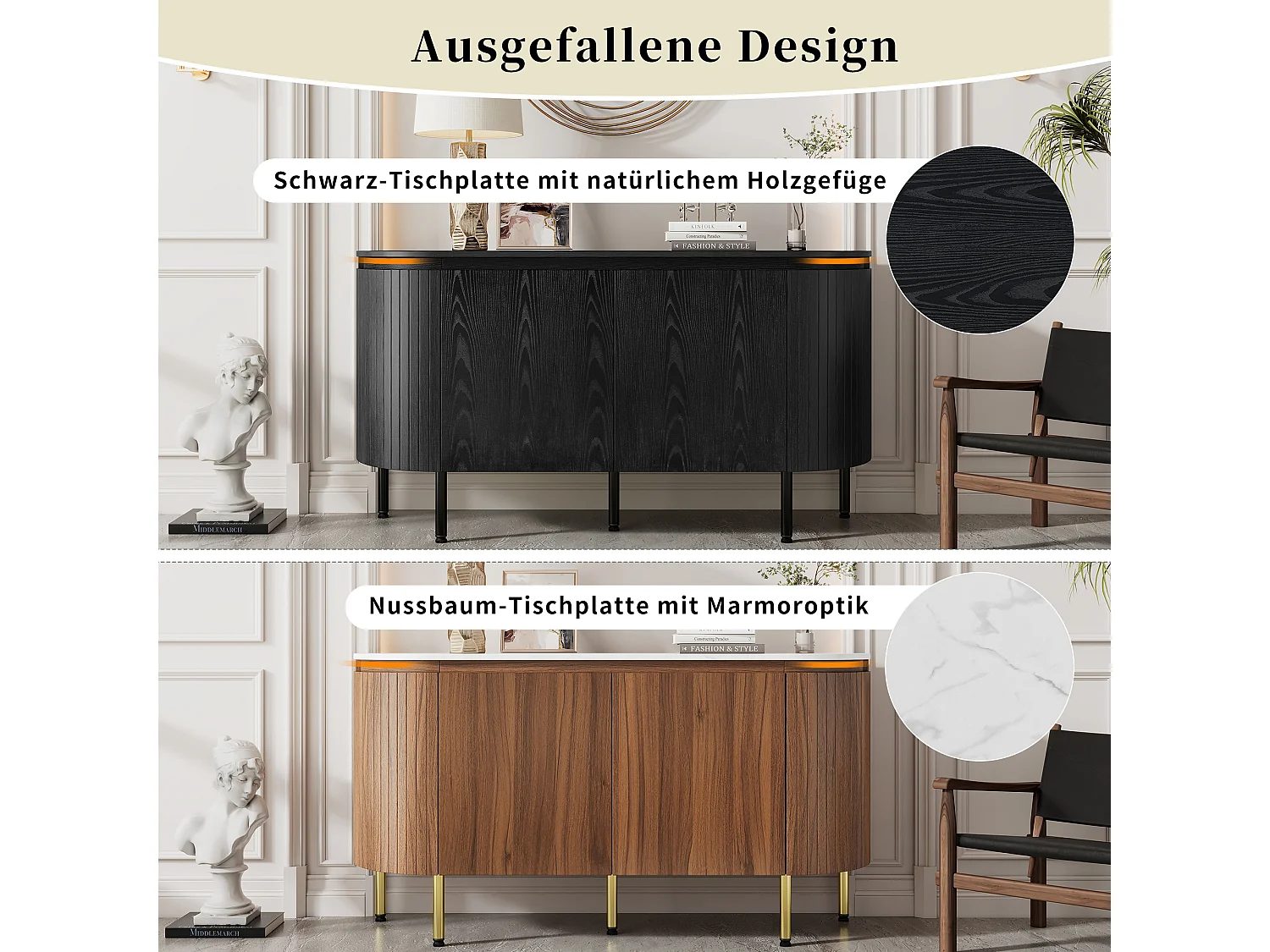 Aparador moderno em arco - 145 x 43 x 78 cm - com prateleiras ajustáveis ​​+ pés de metal + 4 portas - MDF - preto