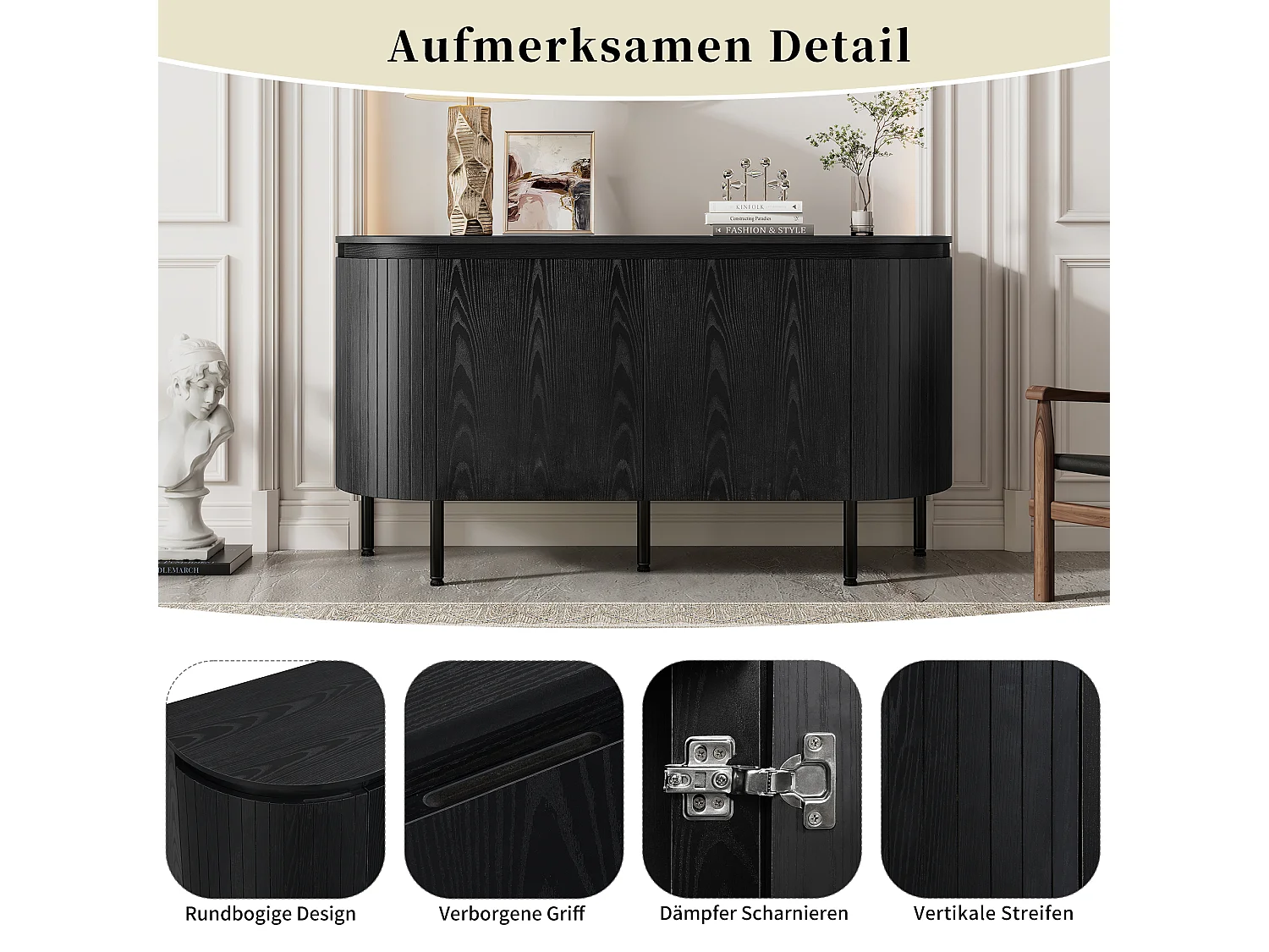 Aparador moderno em arco - 145 x 43 x 78 cm - com prateleiras ajustáveis ​​+ pés de metal + 4 portas - MDF - preto