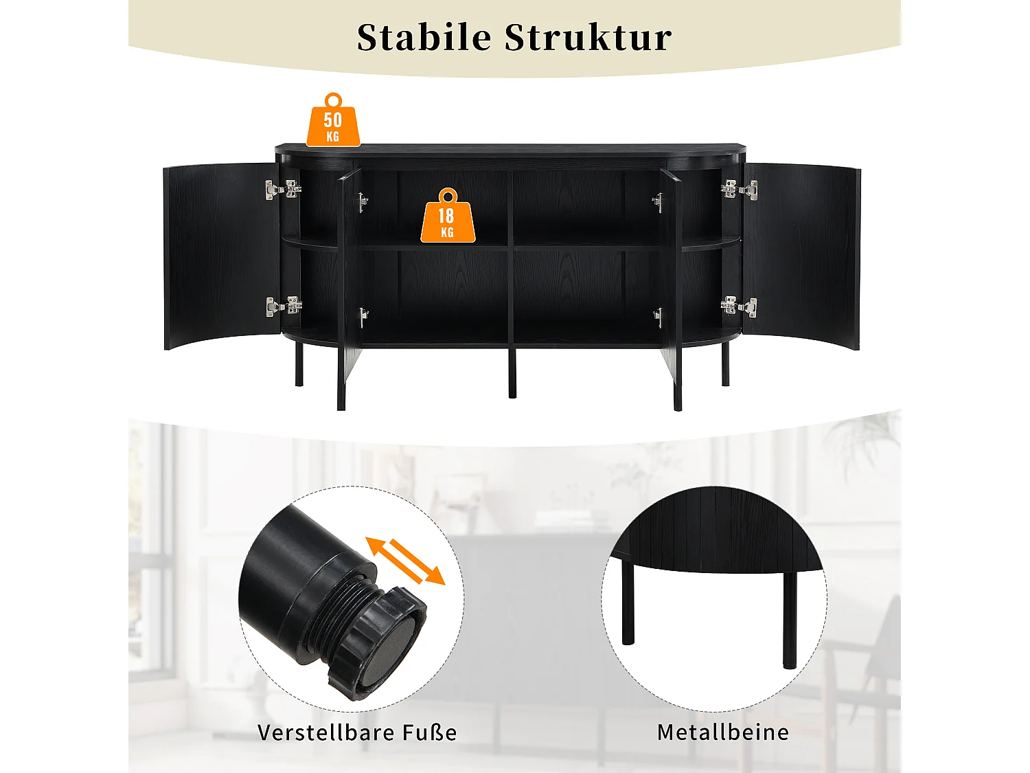 Aparador moderno em arco - 145 x 43 x 78 cm - com prateleiras ajustáveis ​​+ pés de metal + 4 portas - MDF - preto