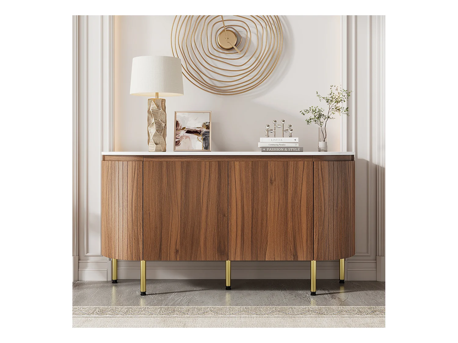 Aparador moderno em arco - 145 x 43 x 78 cm - com prateleiras ajustáveis ​​+ pés de metal + 4 portas - MDF - natural escuro