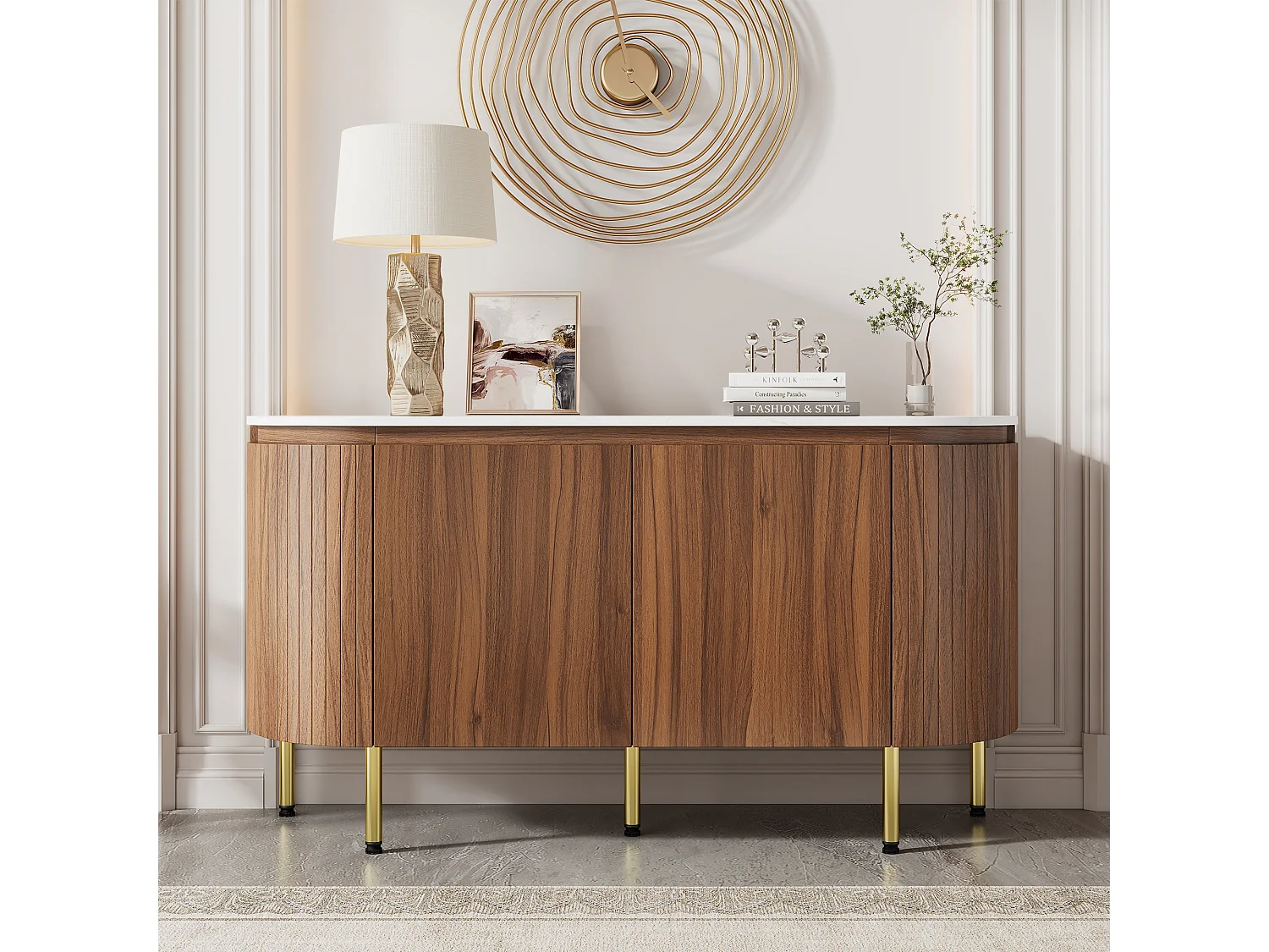 Nowoczesny kredens w kształcie łuku - 145 x 43 x 78 cm - z regulowanymi półkami + metalowe nogi + 4 drzwi - MDF - ciemny naturalny