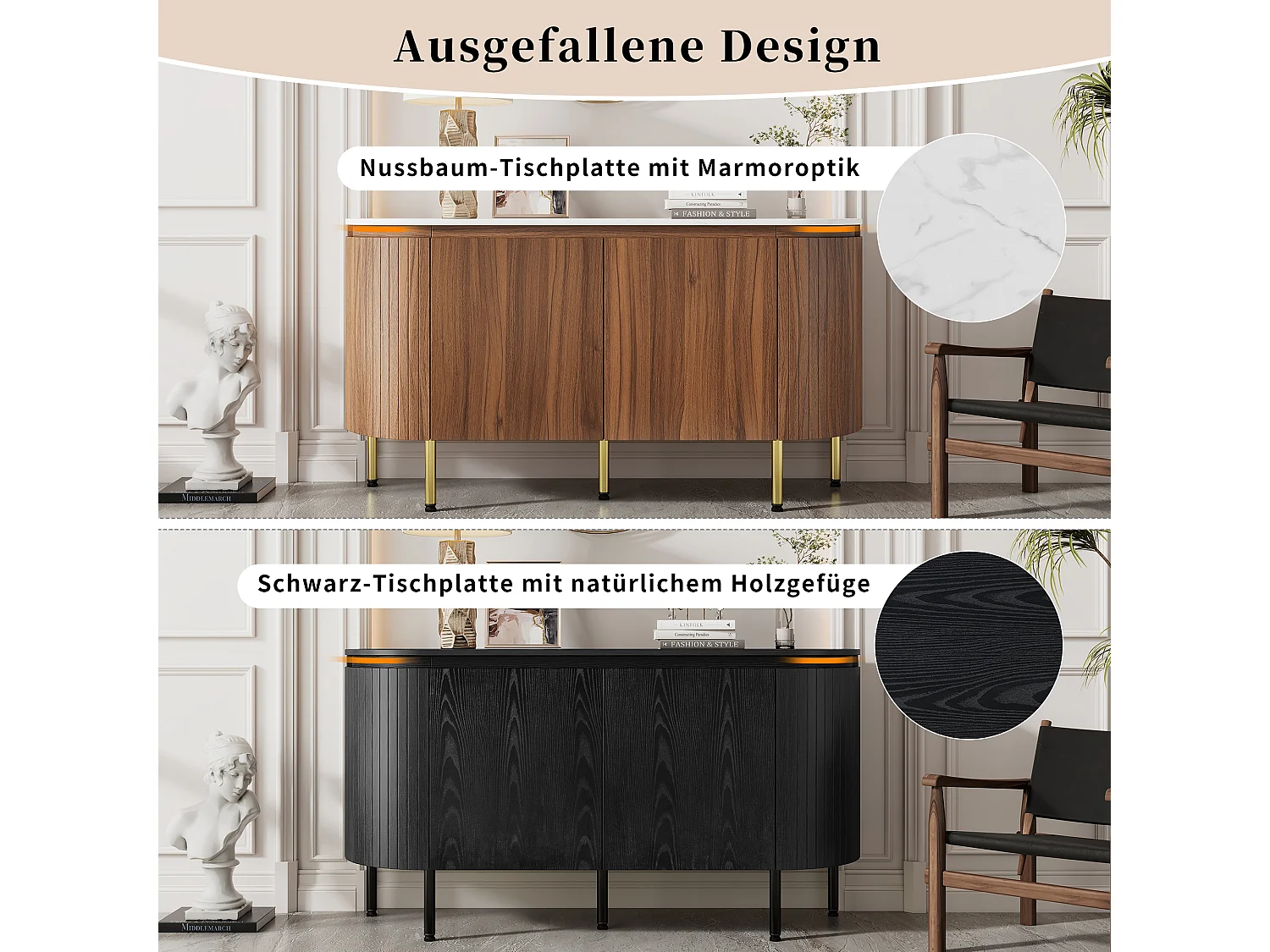 Nowoczesny kredens w kształcie łuku - 145 x 43 x 78 cm - z regulowanymi półkami + metalowe nogi + 4 drzwi - MDF - ciemny naturalny