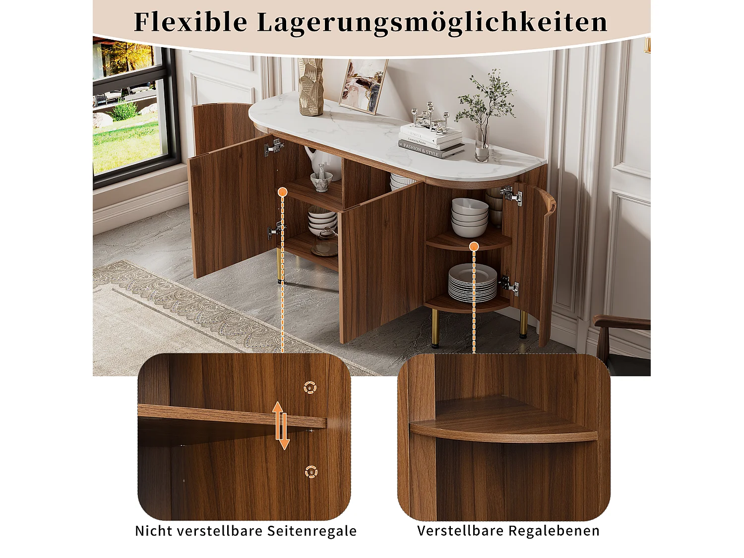 Nowoczesny kredens w kształcie łuku - 145 x 43 x 78 cm - z regulowanymi półkami + metalowe nogi + 4 drzwi - MDF - ciemny naturalny