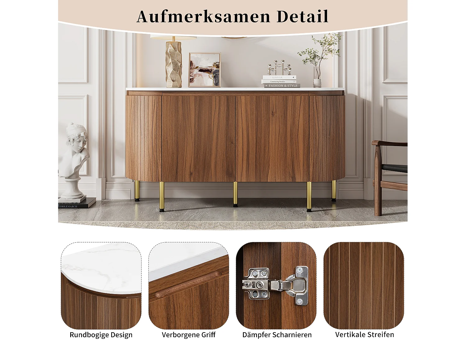 Nowoczesny kredens w kształcie łuku - 145 x 43 x 78 cm - z regulowanymi półkami + metalowe nogi + 4 drzwi - MDF - ciemny naturalny