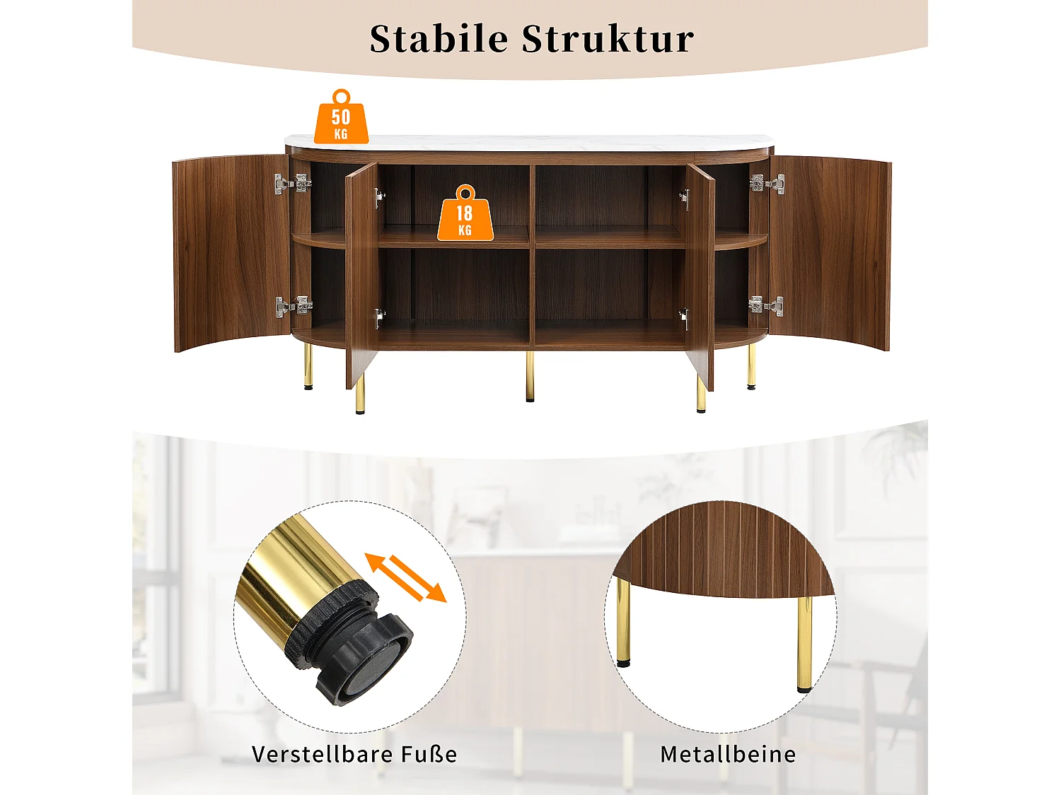 Nowoczesny kredens w kształcie łuku - 145 x 43 x 78 cm - z regulowanymi półkami + metalowe nogi + 4 drzwi - MDF - ciemny naturalny