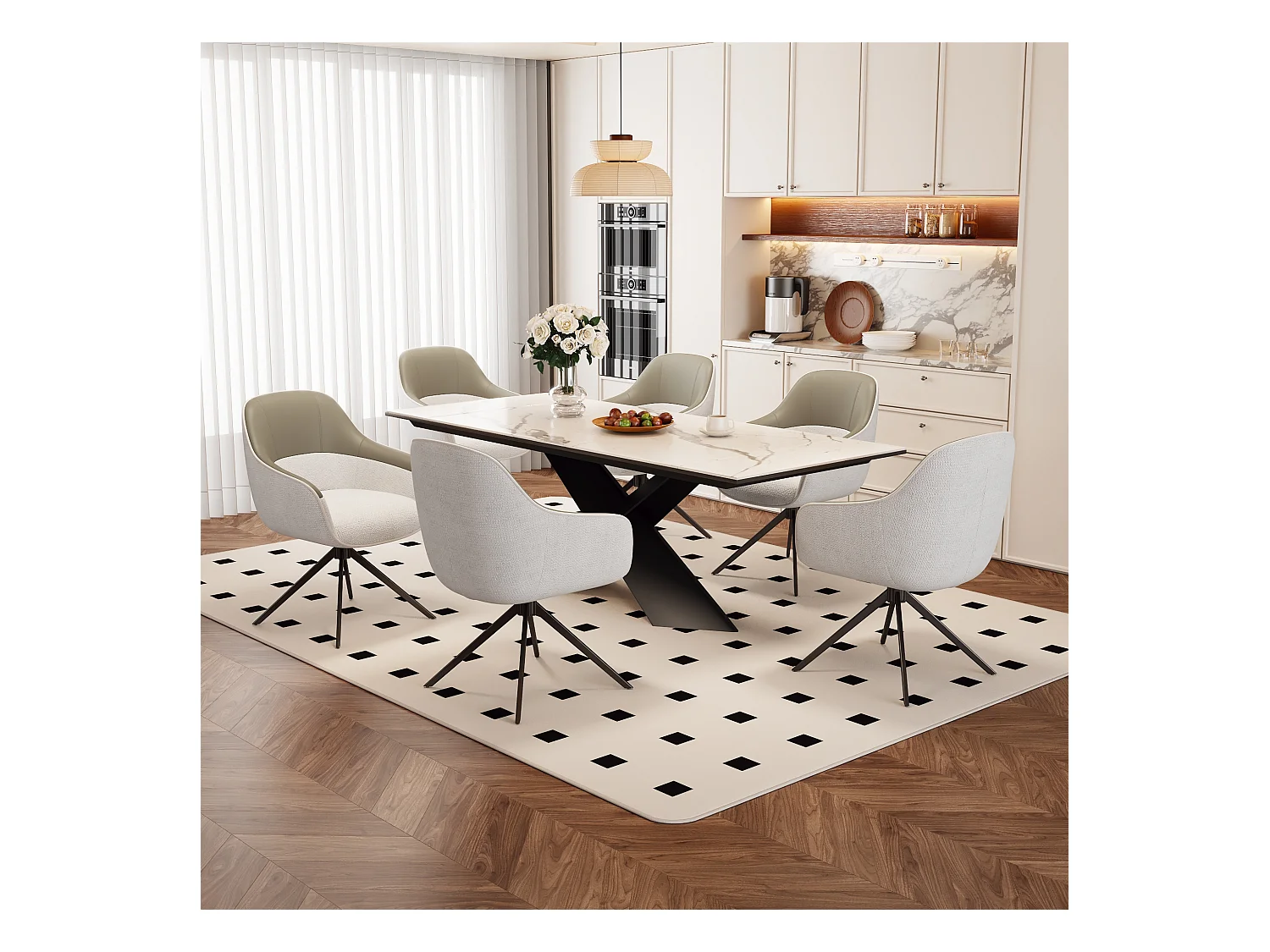 6er-Set Drehstühle – 48 x 44 x 83,5 cm – gepolstert und höhenverstellbar – Kunstleder + Samt + Metall – Beige