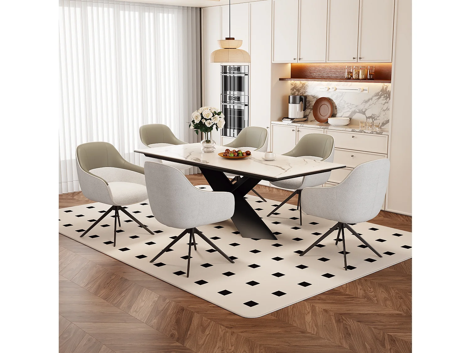 Lot de 6 chaises pivotantes - 48 x 44 x 83.5 cm - rembourrées et réglables en hauteur - cuir PU + velours + métal - beige