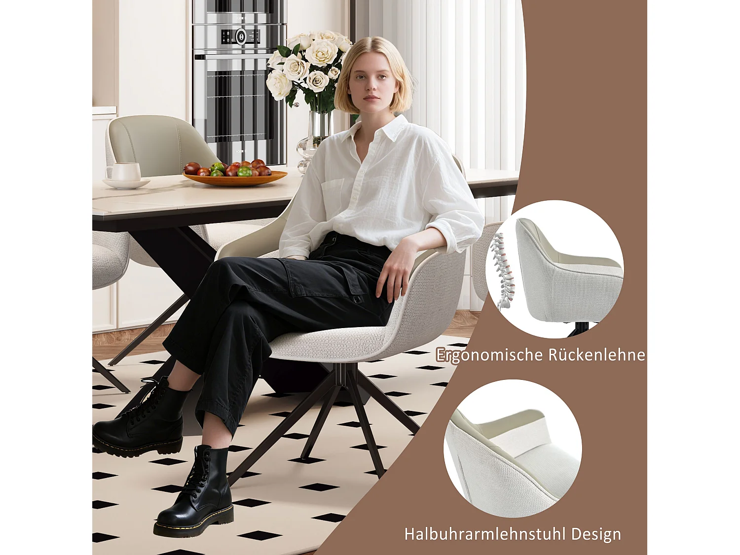 Lot de 6 chaises pivotantes - 48 x 44 x 83.5 cm - rembourrées et réglables en hauteur - cuir PU + velours + métal - beige