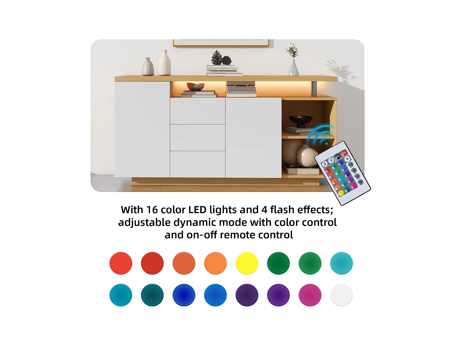 Buffet multifonction - 140 x 40 x 70 cm - avec 2 portes + 3 tiroirs + Leds - aggloméré - blanc