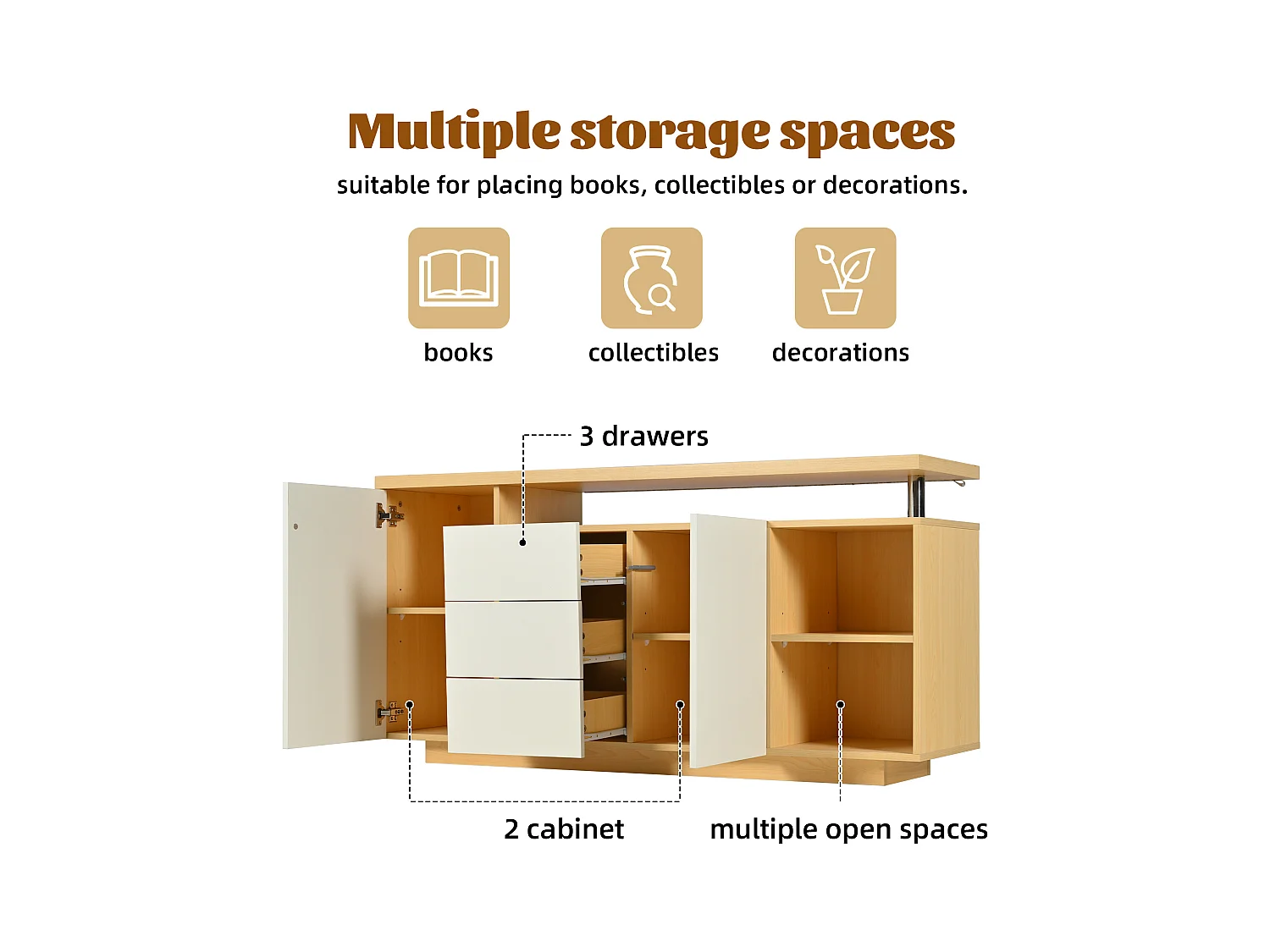 Buffet multifonction - 140 x 40 x 70 cm - avec 2 portes + 3 tiroirs + Leds - aggloméré - blanc