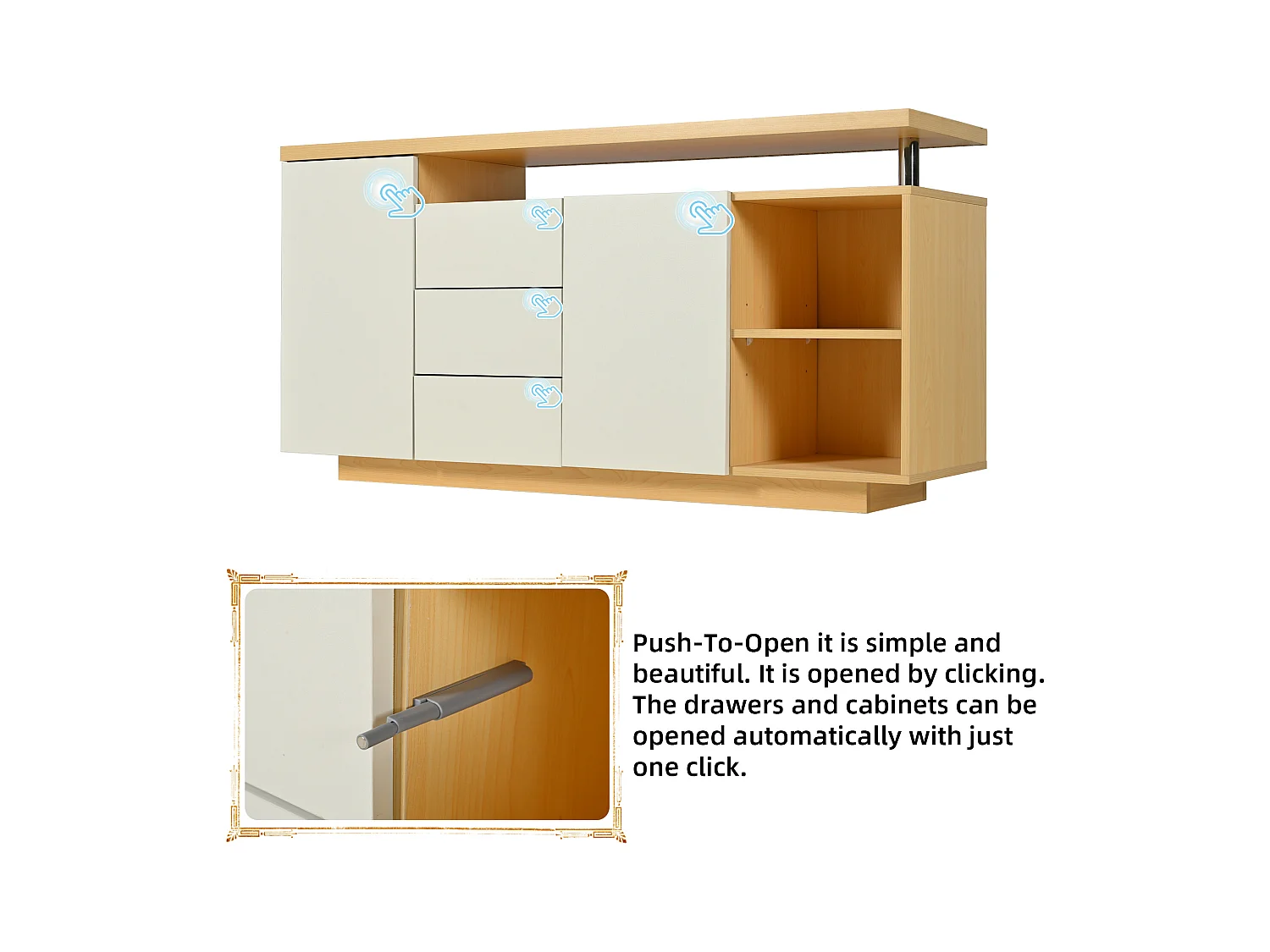 Buffet multifonction - 140 x 40 x 70 cm - avec 2 portes + 3 tiroirs + Leds - aggloméré - blanc