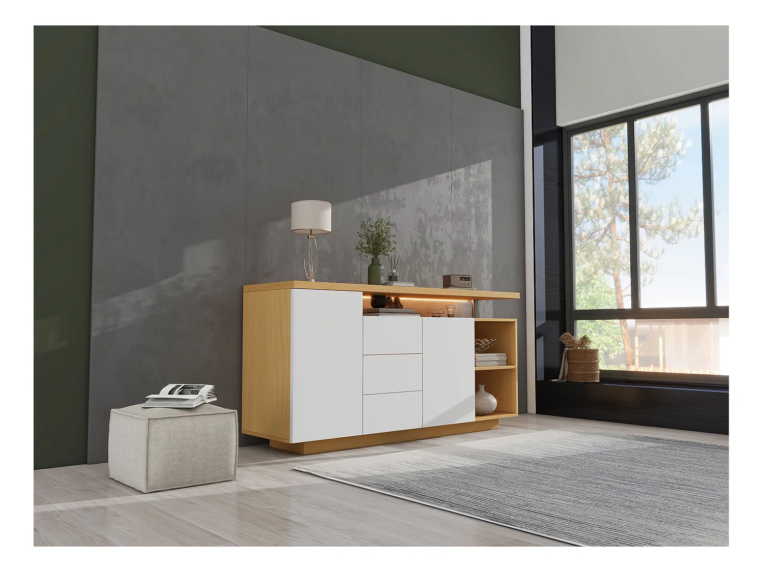 Buffet multifonction - 140 x 40 x 70 cm - avec 2 portes + 3 tiroirs + Leds - aggloméré - blanc