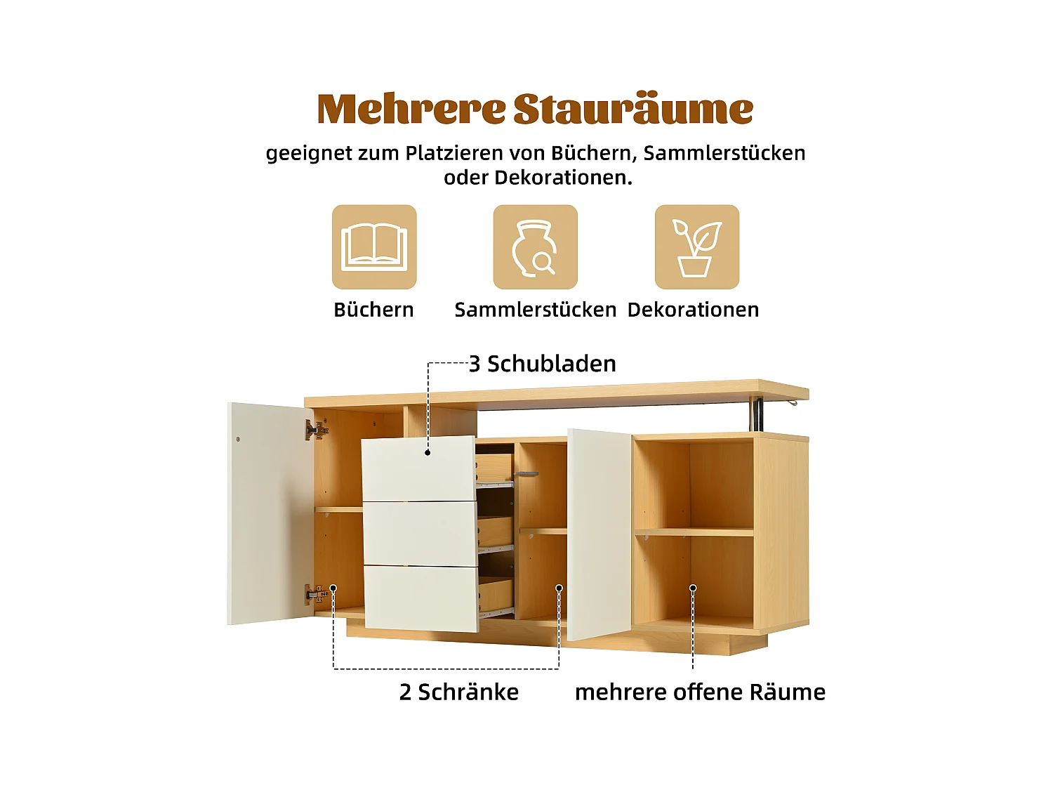 Buffet multifonction - 140 x 40 x 70 cm - avec 2 portes + 3 tiroirs + Leds - aggloméré - blanc