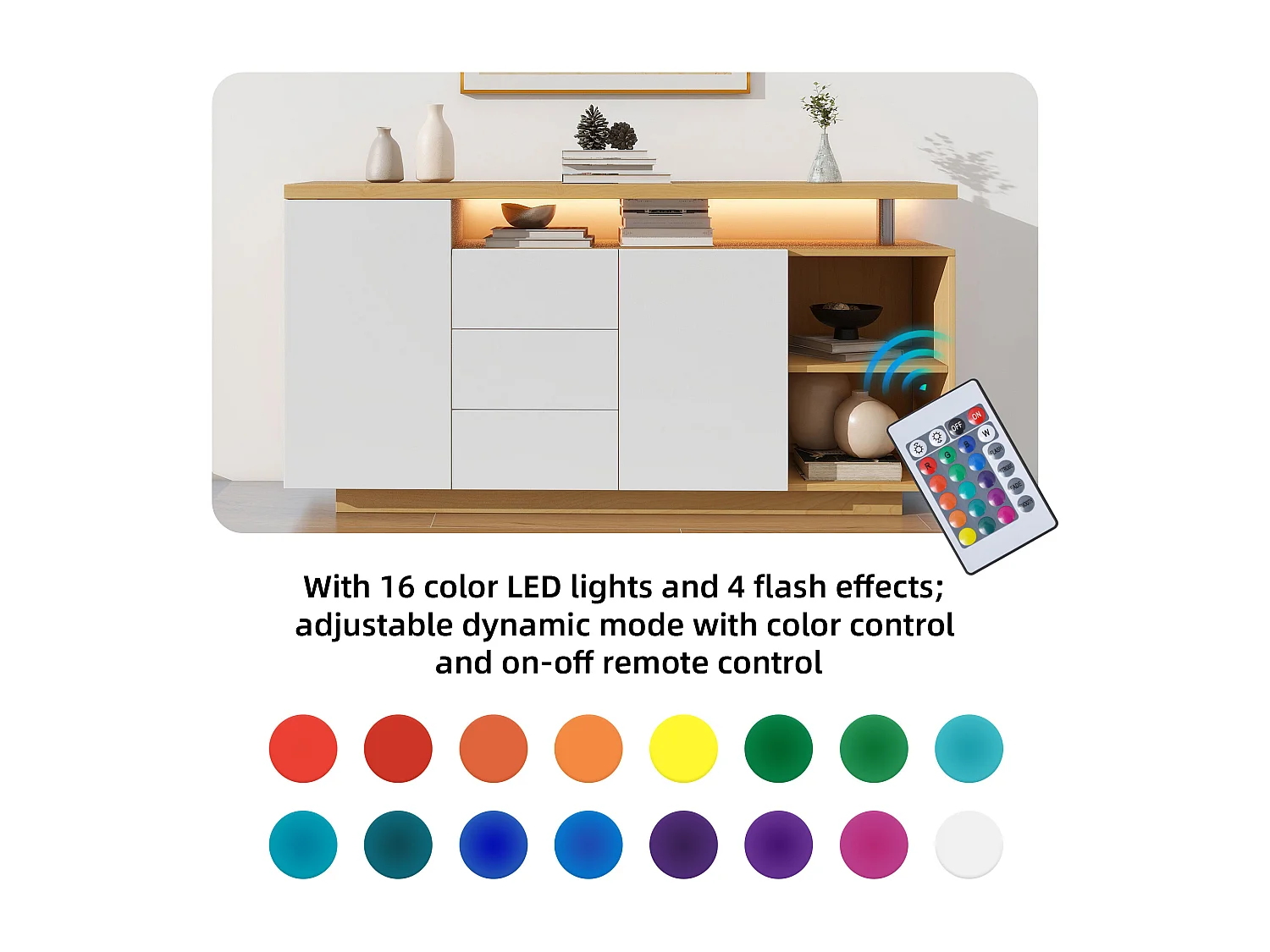Credenza multifunzionale - 140 x 40 x 70 cm - con 2 ante + 3 cassetti + LED - Truciolato - Bianco