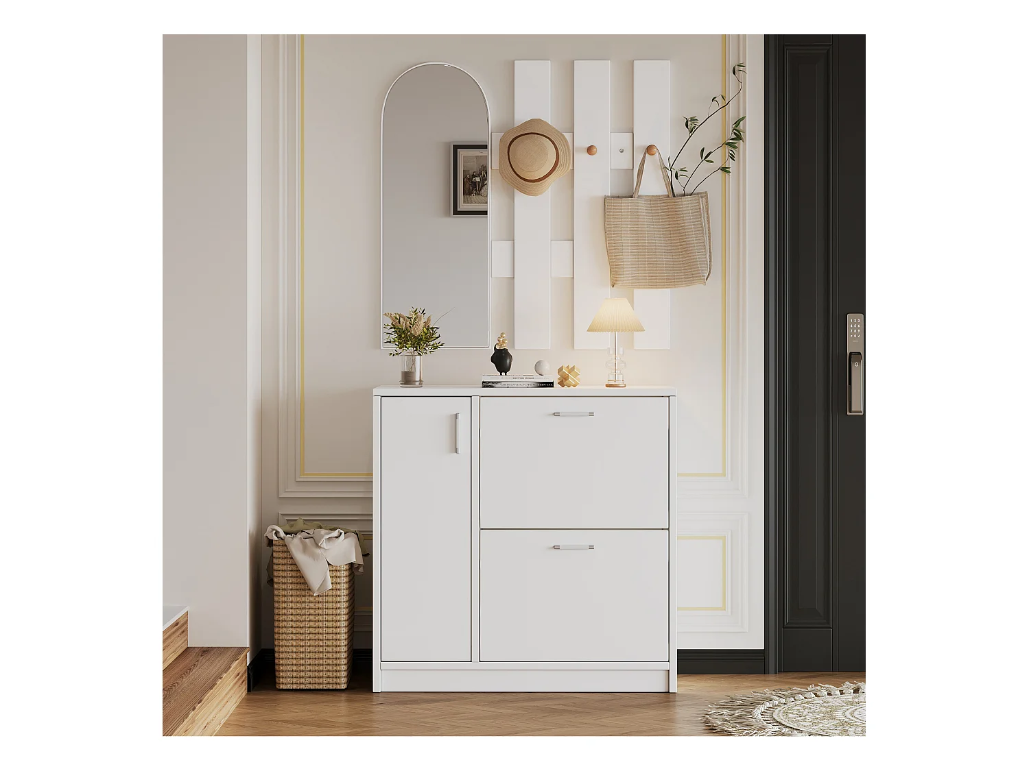 Meuble à chaussures - 80 x 80 x 35 cm - avec 2 portes pliantes + miroir + crochets + 3 portes - MDF - blanc