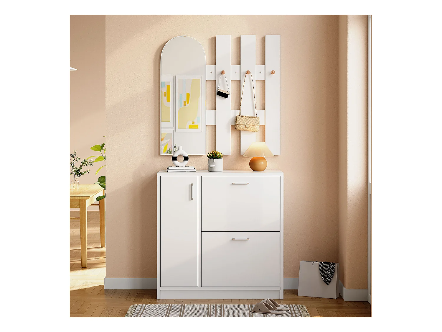 Meuble à chaussures - 80 x 80 x 35 cm - avec 2 portes pliantes + miroir + crochets + 3 portes - MDF - blanc