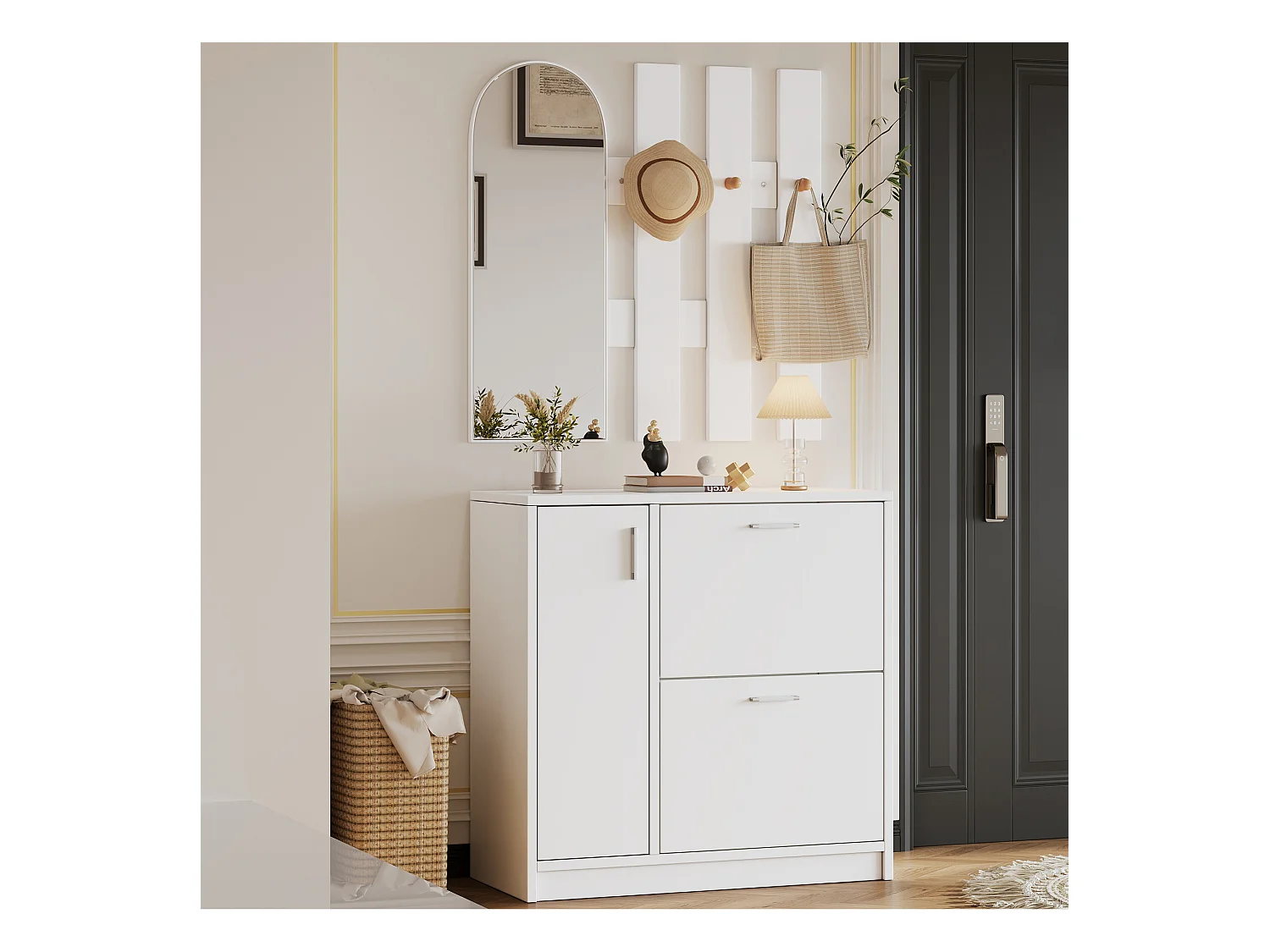 Meuble à chaussures - 80 x 80 x 35 cm - avec 2 portes pliantes + miroir + crochets + 3 portes - MDF - blanc